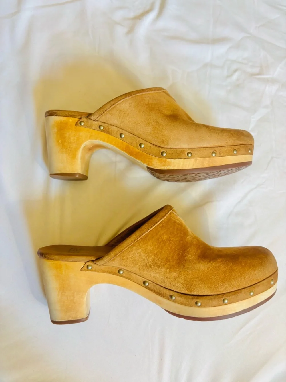 UGG Tan Suede Studded Wooden Clog Mules - Picture 6 of 10